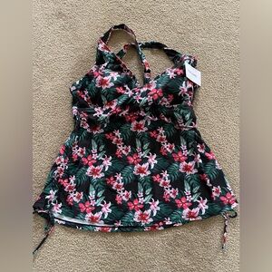 Floral Swim Top with Tropical Print pink green black New